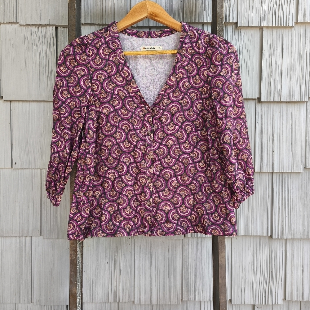 Marine Layer Colette Double Gauze Crinkle Cloth Geo Fan Print Top sz XS Purple